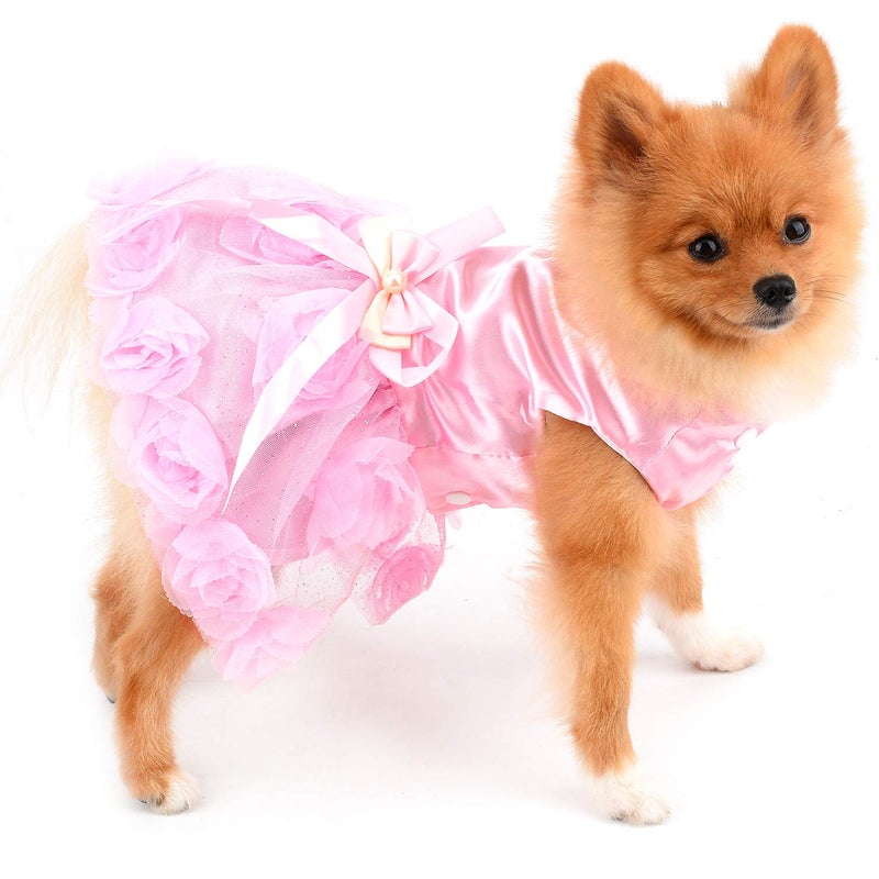 PAIDEFUL Pet Dress for Small Dog Girls Luxury Puppy Wedding Dress Rose Flower Lace Tutu Skirt Silky Bow Birthday Party Dog Clothes,Pink,Size S - Image 4